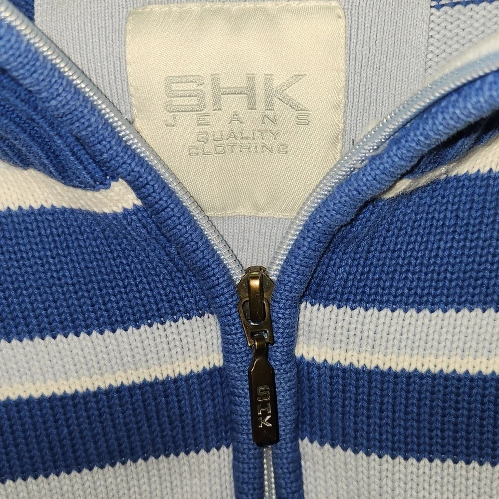 Men's Blue and White Striped Zip-Up Sweater
